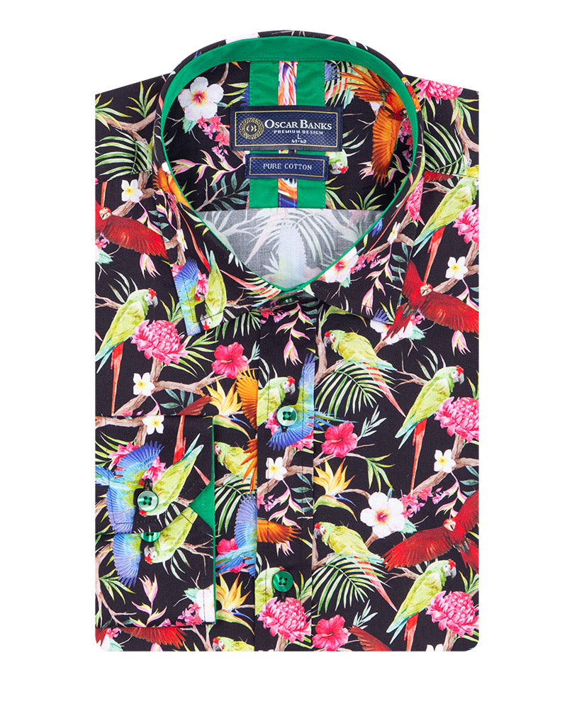 Tropical Parrot Print Shirt with Matching Handkerchief-Makrom