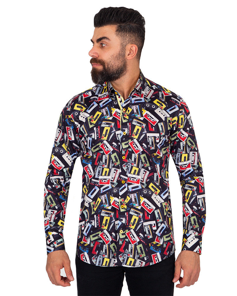 Vintage Cassette Tape Print Pure Cotton Shirt-Makrom