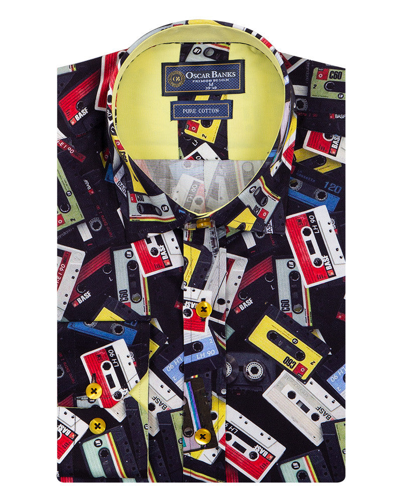 Vintage Cassette Tape Print Pure Cotton Shirt-Makrom