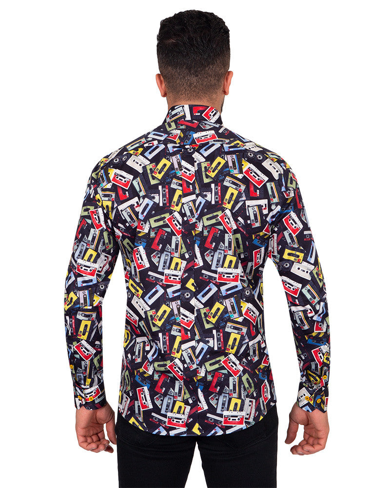 Vintage Cassette Tape Print Pure Cotton Shirt-Makrom