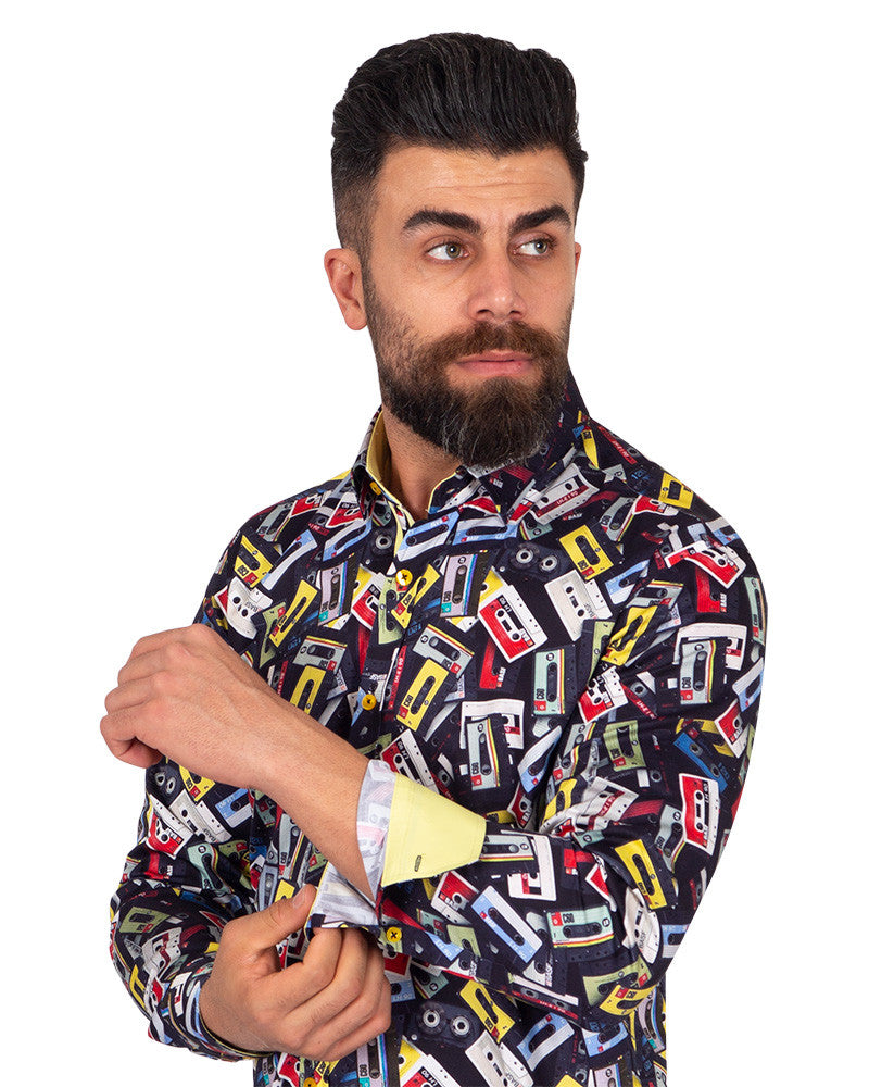 Vintage Cassette Tape Print Pure Cotton Shirt-Makrom