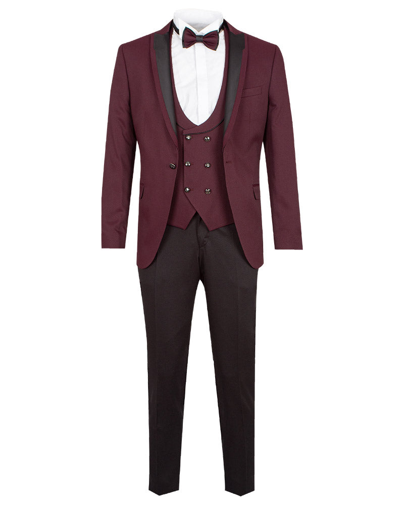 Burgundy & Black 4 Piece Tuxedo Wedding Suit