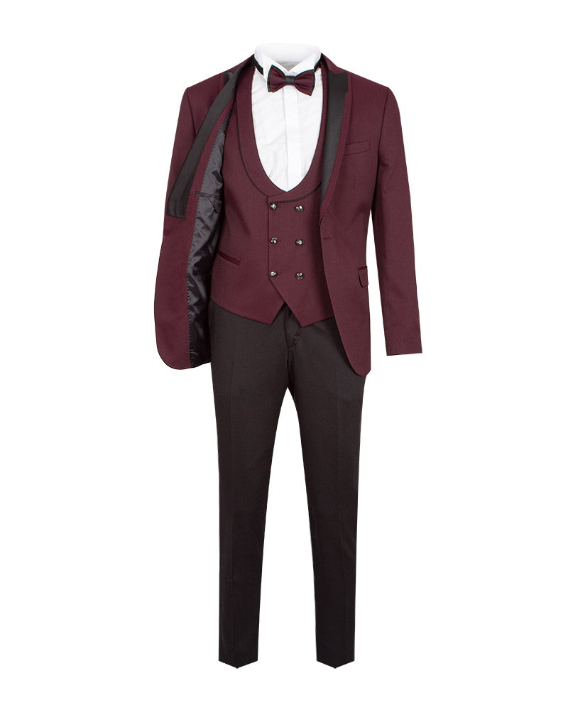 Four Piece Burgundy & Black Tuxedo Wedding Suit