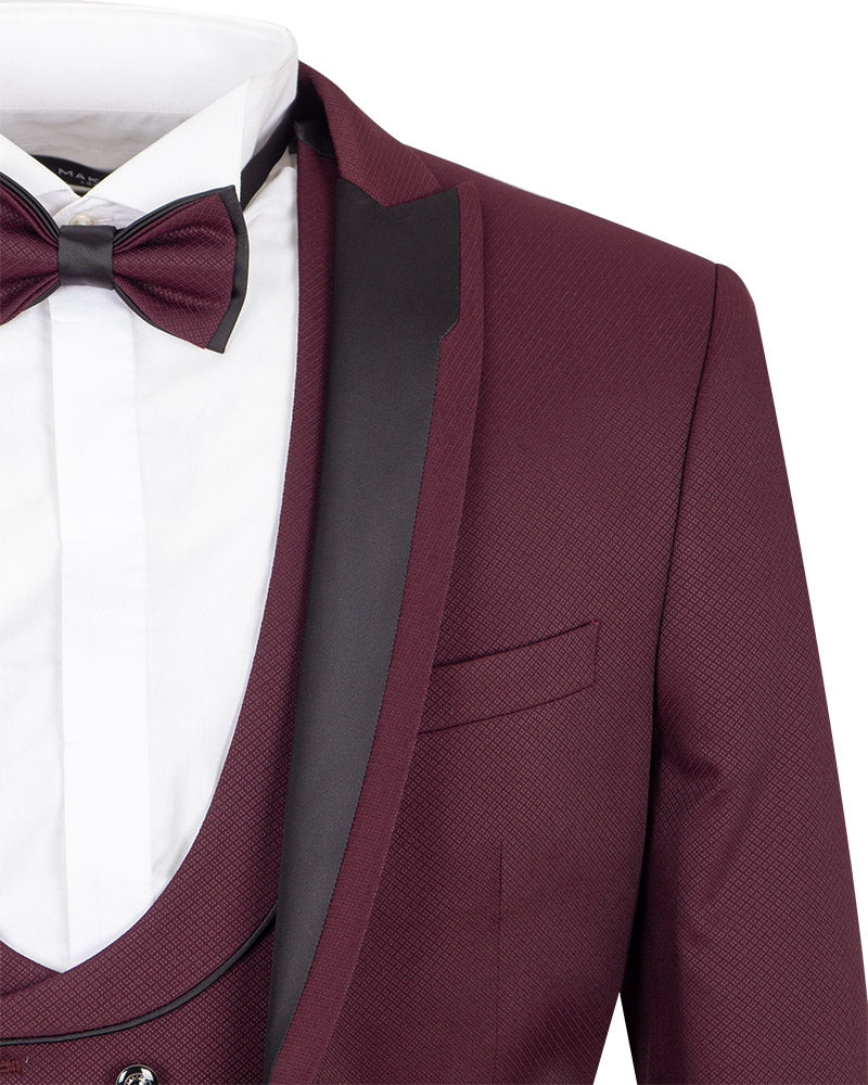 Four Piece Burgundy & Black Tuxedo Wedding Suit