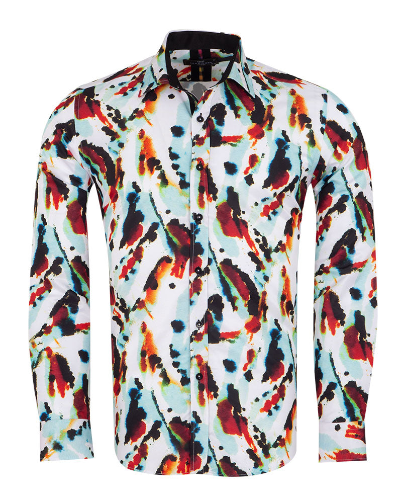 White Abstract Ink Splotch Print Shirt-Makrom