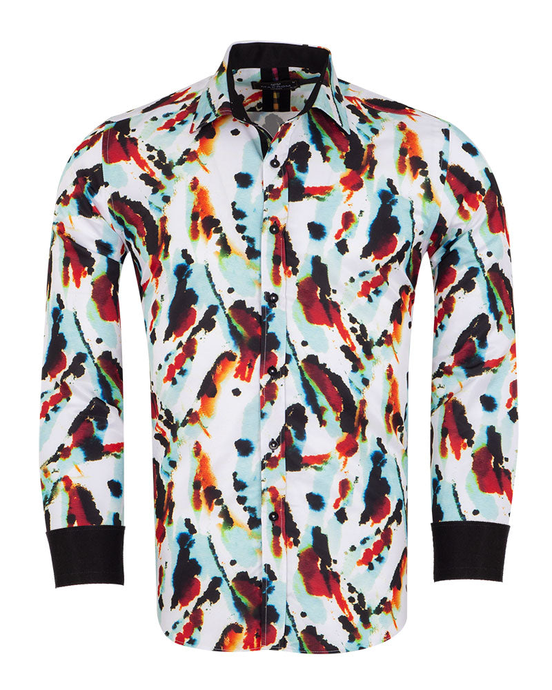 White Abstract Ink Splotch Print Shirt-Makrom