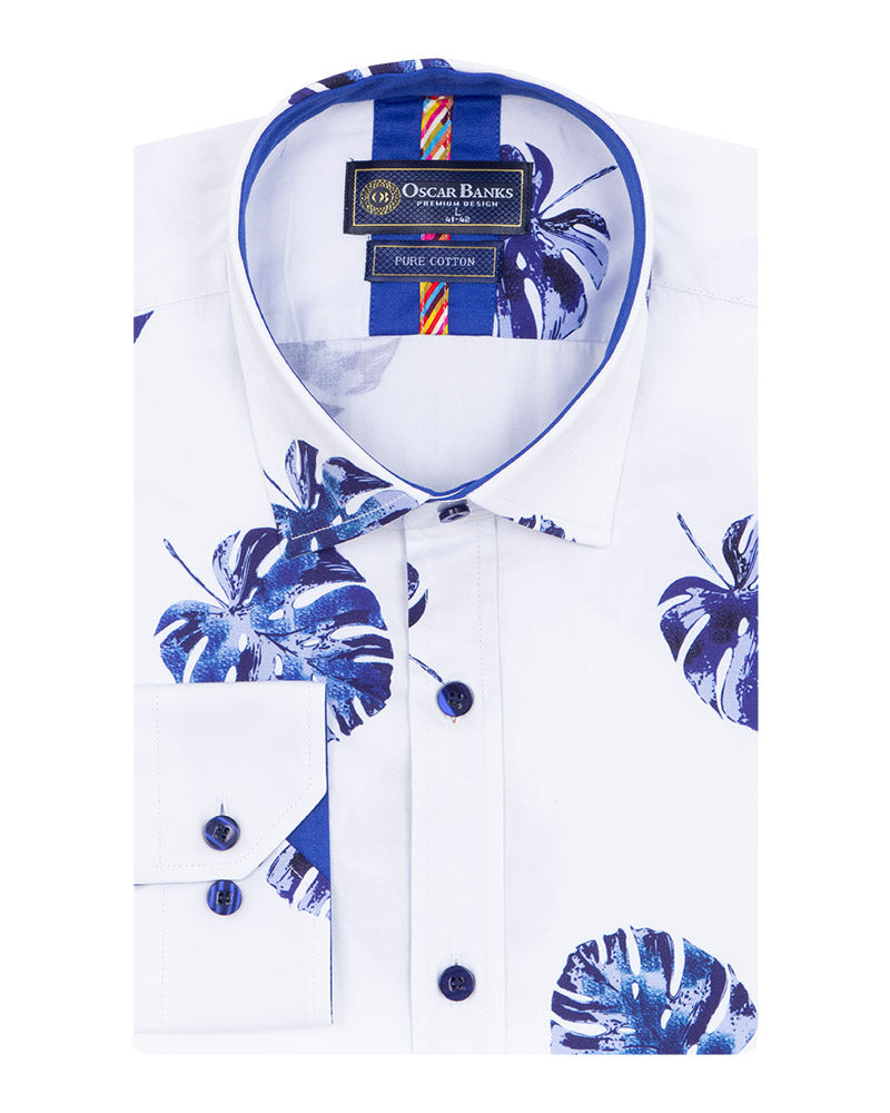 White Blue Leaf Print Shirt with Matching Handkerchief-Makrom