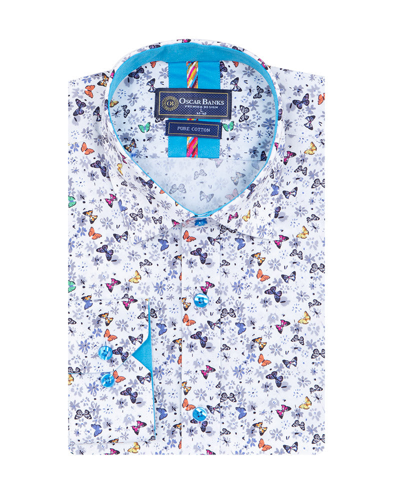 White Butterfly Print Shirt with Matching Handkerchief-Makrom