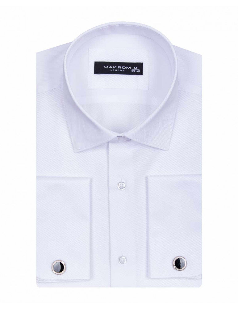 White Casual Twill Double Cuff Long Sleeve Shirt-Makrom