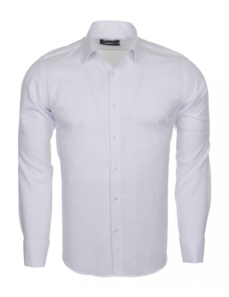 White Casual Twill Double Cuff Long Sleeve Shirt-Makrom