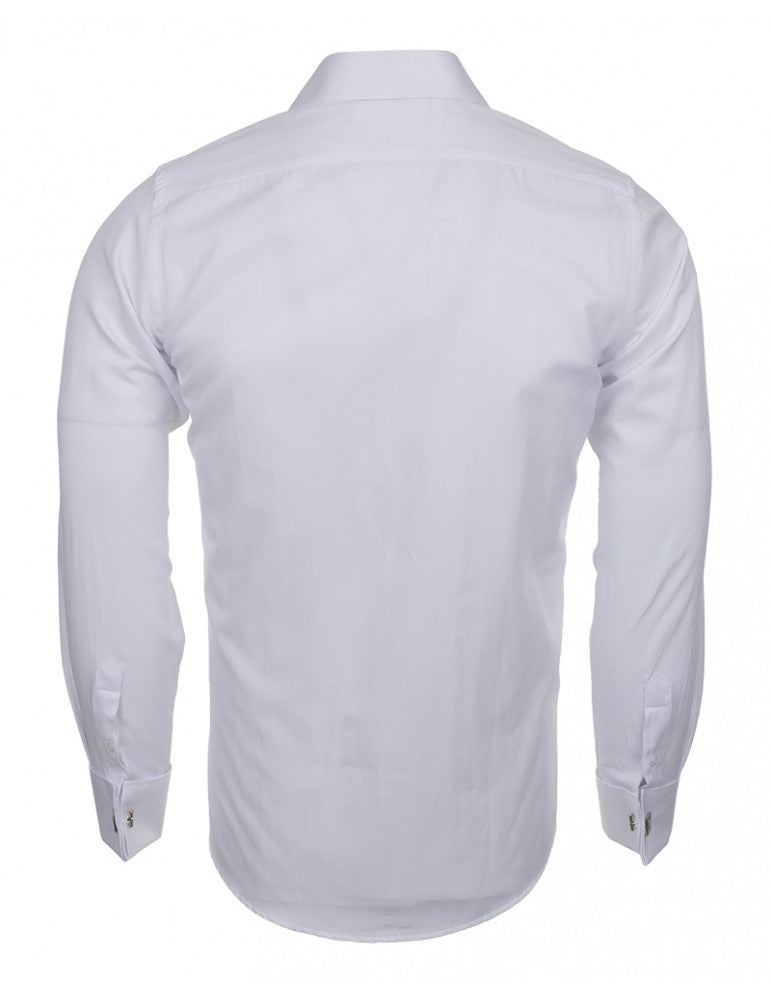White Casual Twill Double Cuff Long Sleeve Shirt-Makrom