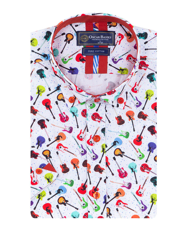 White Colourful Guitar Print Short Sleeve Shirt-Makrom