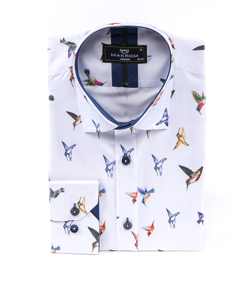 White Colourful Hummingbirds Print Men's Shirt-Makrom