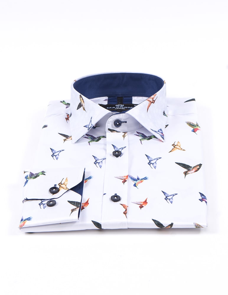 White Colourful Hummingbirds Print Men's Shirt-Makrom