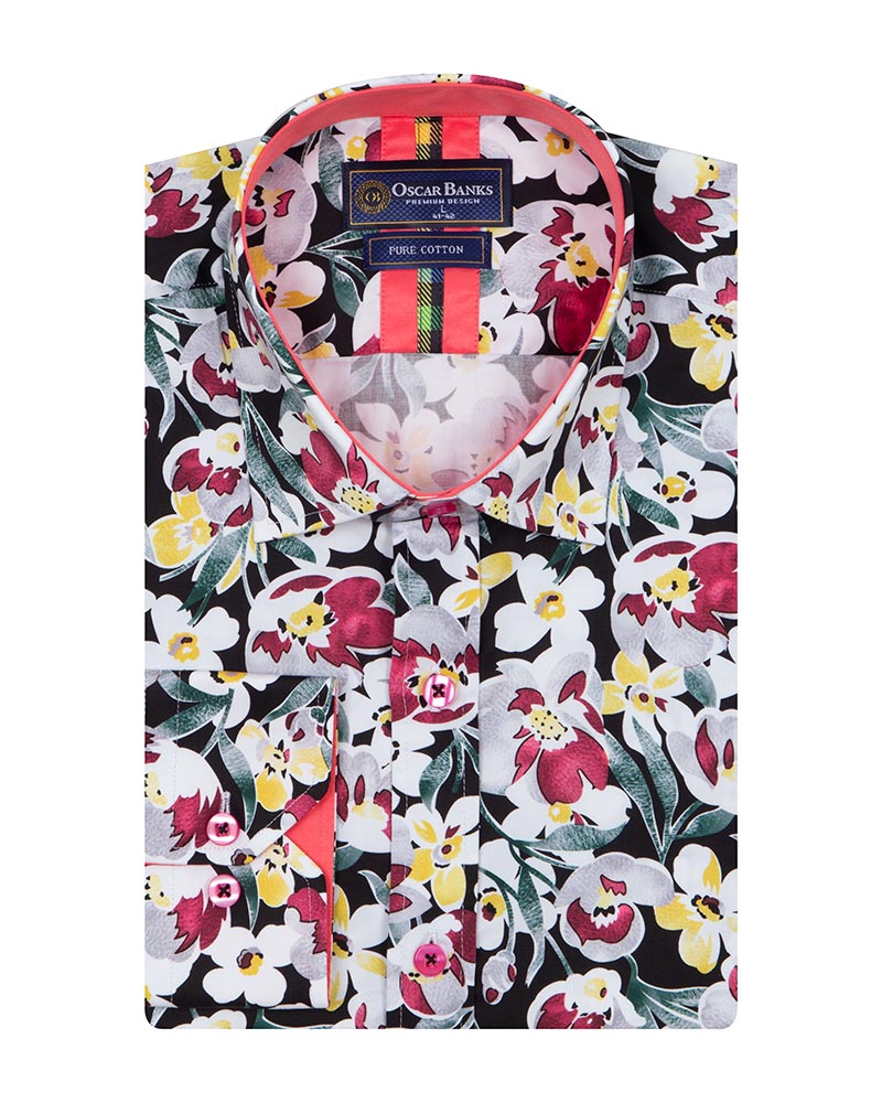 White Cosmos Flower Print Shirt with Matching Handkerchief-Makrom