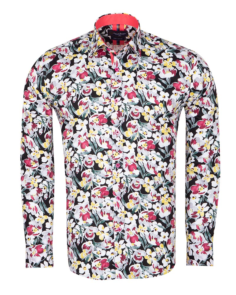 White Cosmos Flower Print Shirt with Matching Handkerchief-Makrom