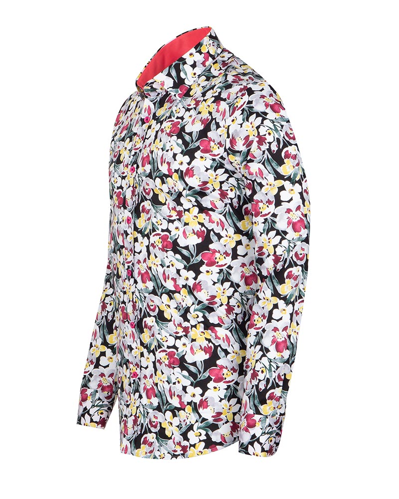 White Cosmos Flower Print Shirt with Matching Handkerchief-Makrom