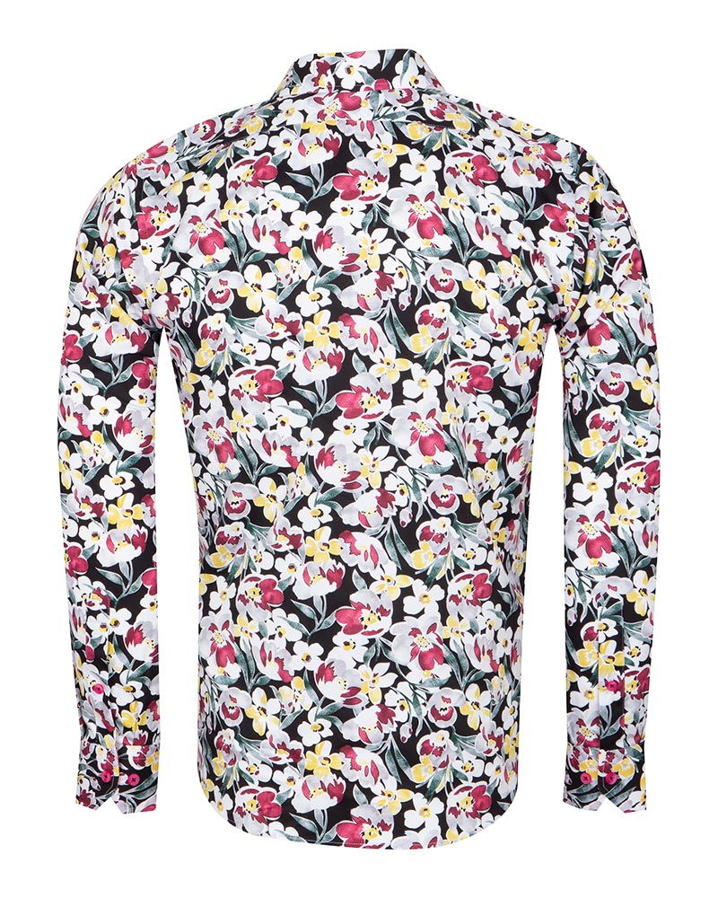 White Cosmos Flower Print Shirt with Matching Handkerchief-Makrom