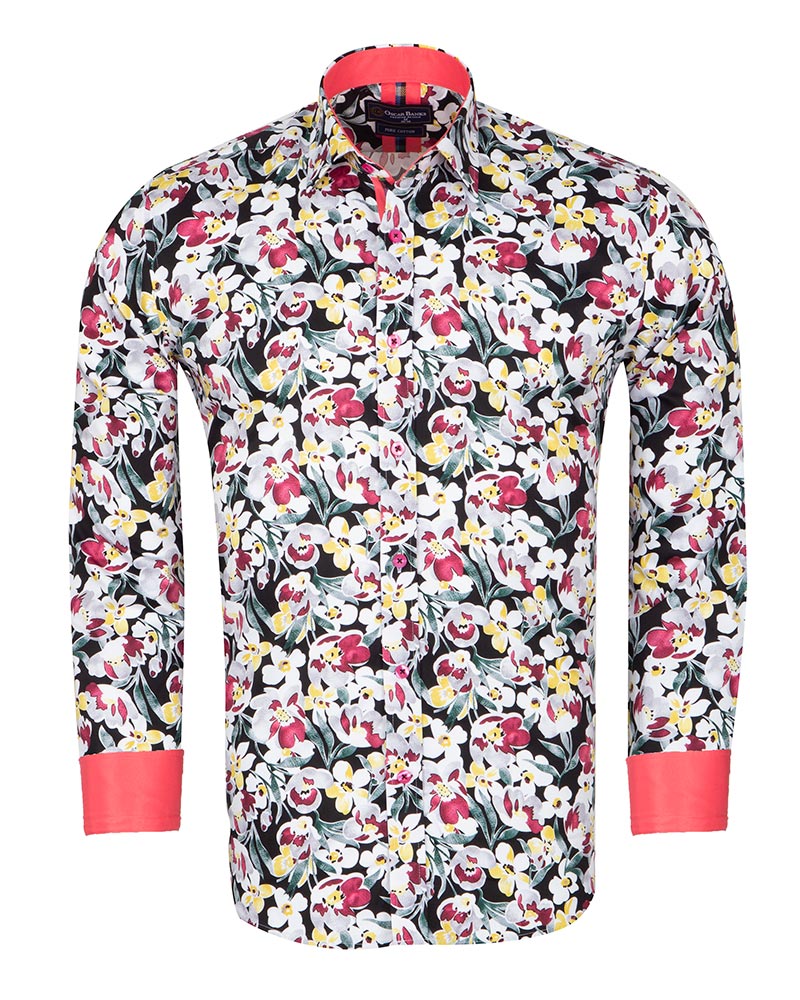 White Cosmos Flower Print Shirt with Matching Handkerchief-Makrom