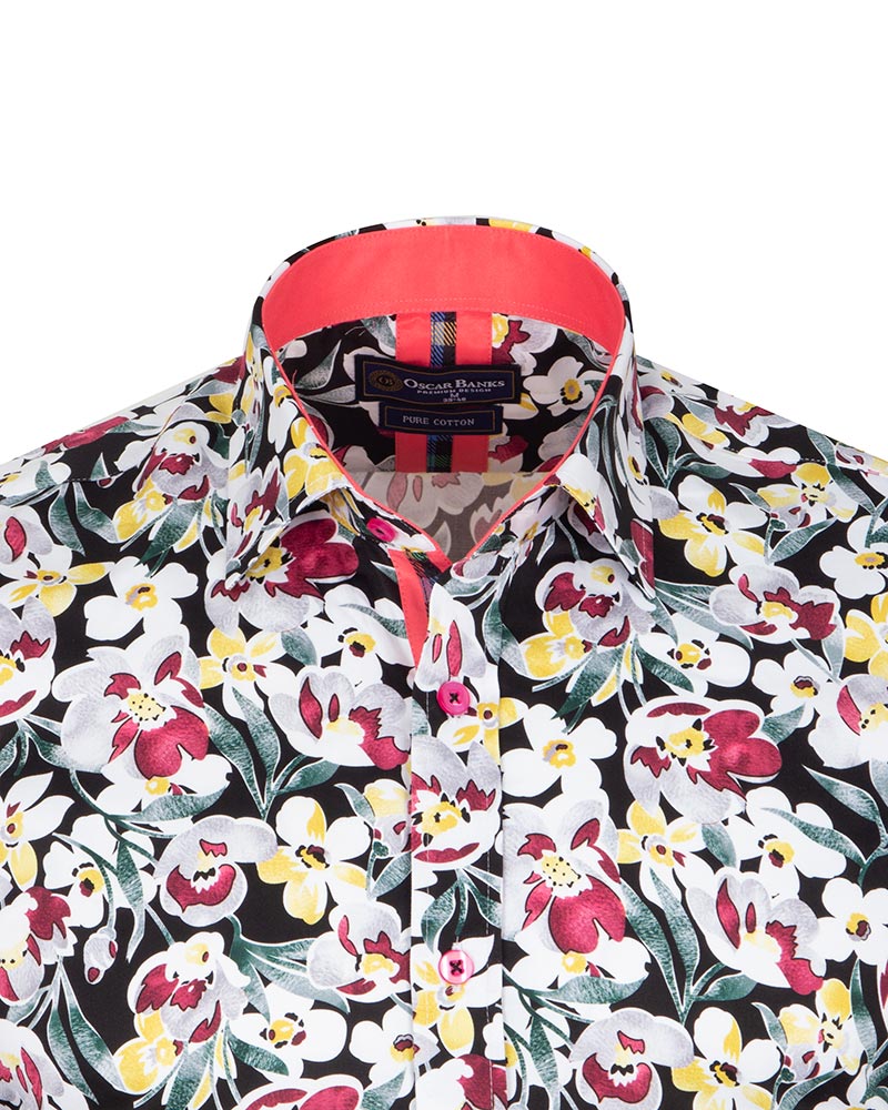 White Cosmos Flower Print Shirt with Matching Handkerchief-Makrom
