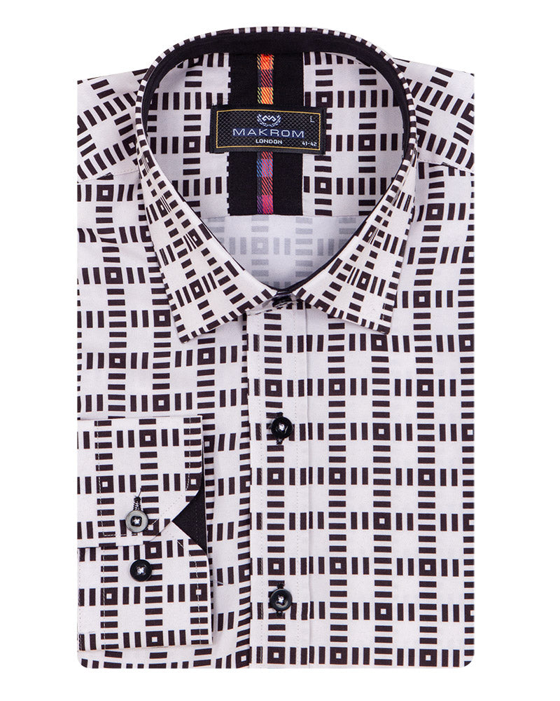 White Dashed Line Check Print Shirt-Makrom