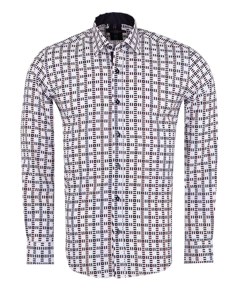 White Dashed Line Check Print Shirt-Makrom