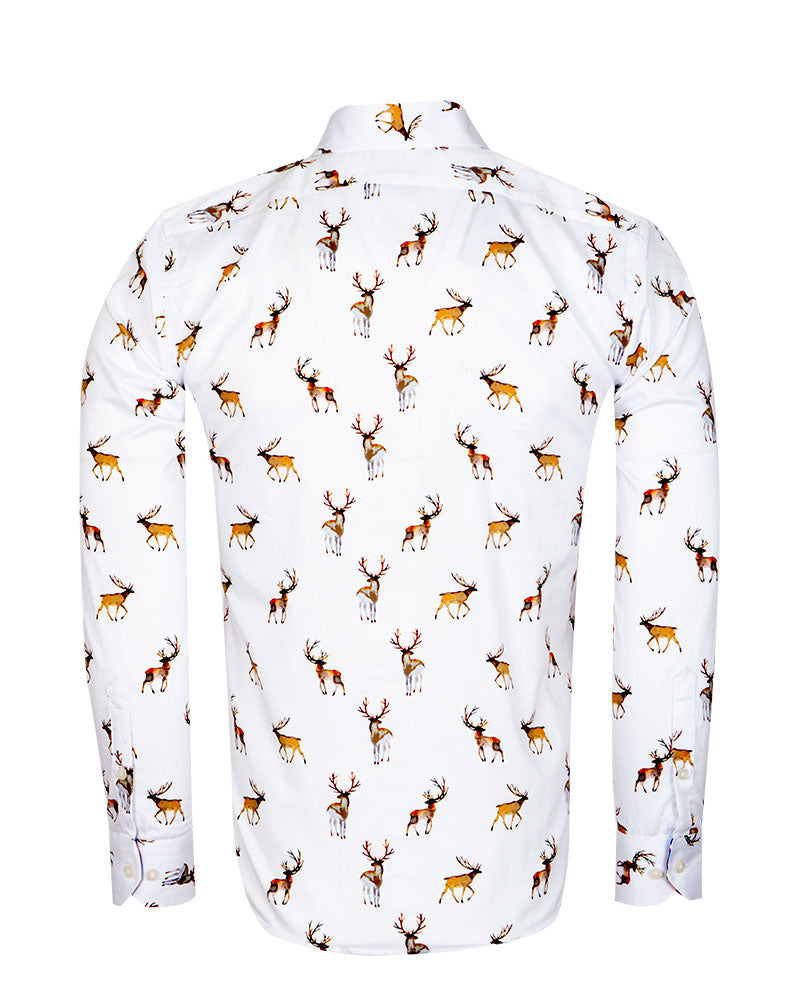White Deer Print Men's Christmas Shirt with Matching Handkerchief-Makrom