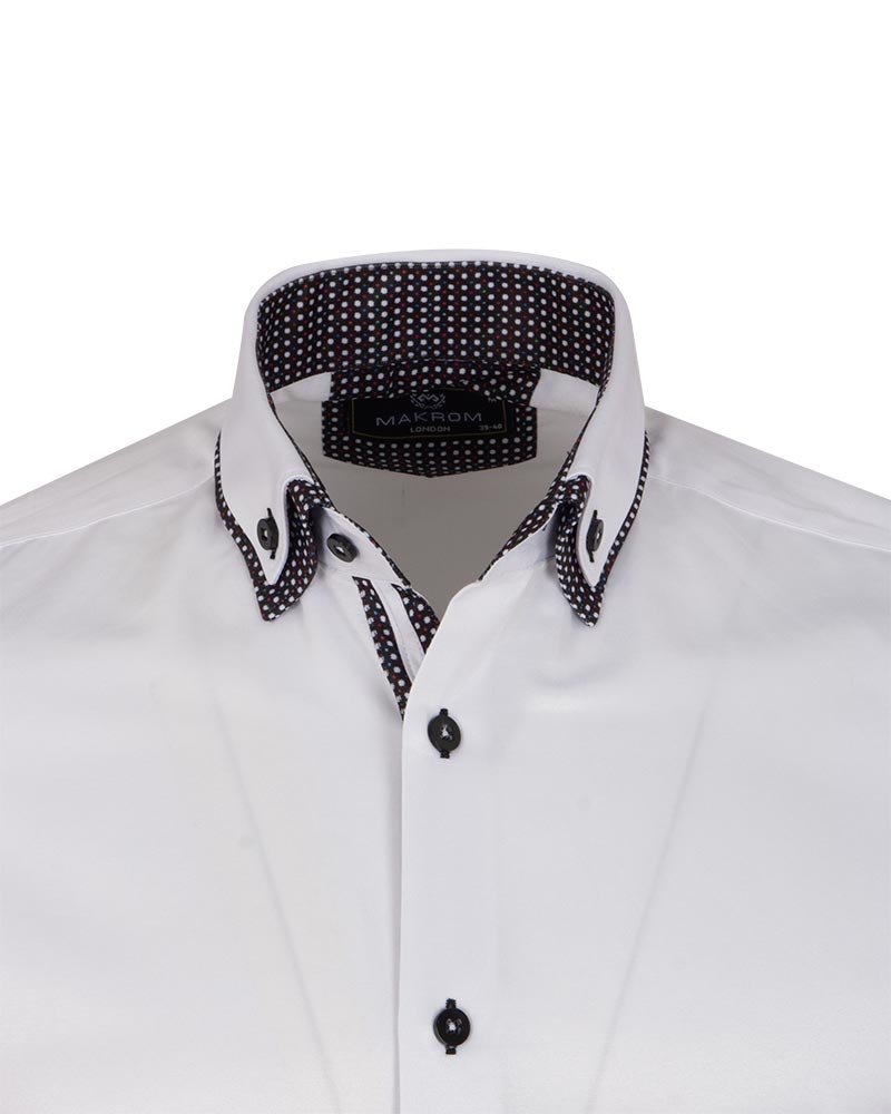 White Double Collar Dotted Print Shirt-Makrom