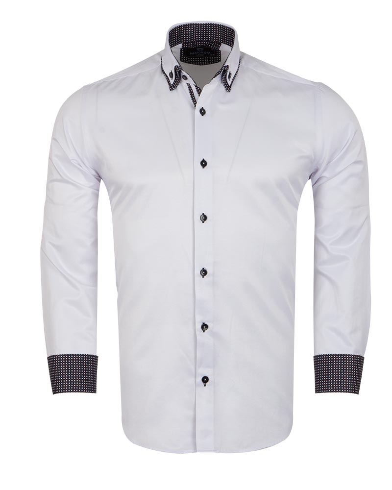 White Double Collar Dotted Print Shirt-Makrom