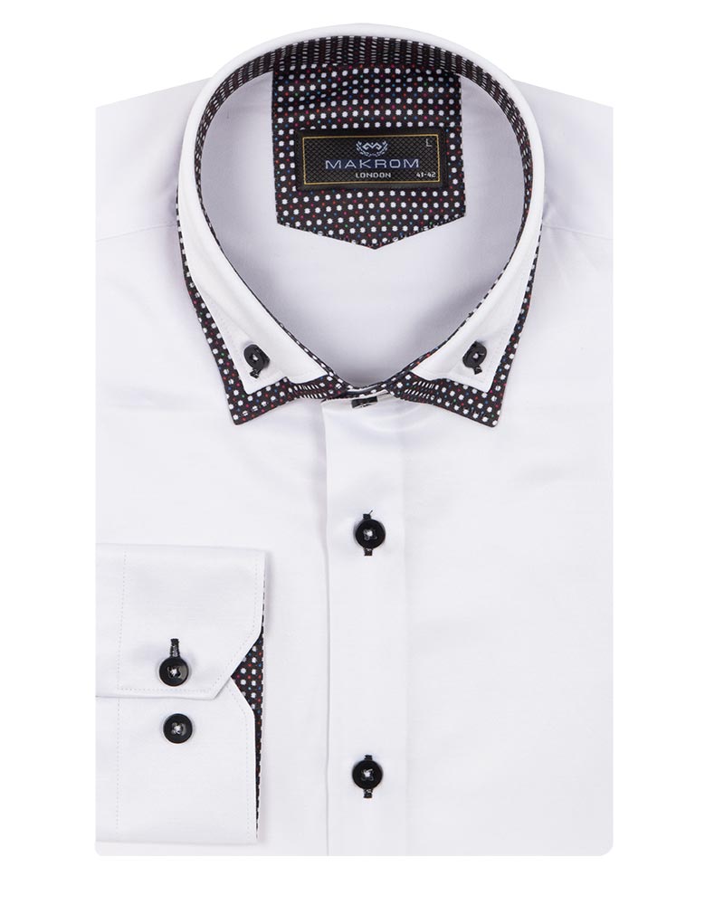 White Double Collar Dotted Print Shirt-Makrom