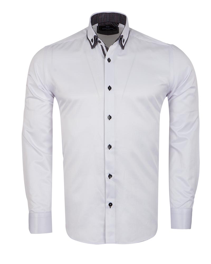 White Double Collar Dotted Print Shirt-Makrom