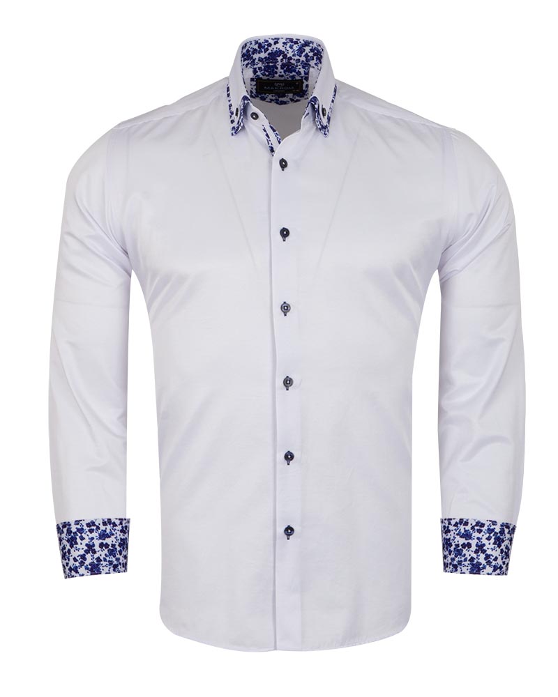 White Floral Double Collar Men's Shirt-Makrom