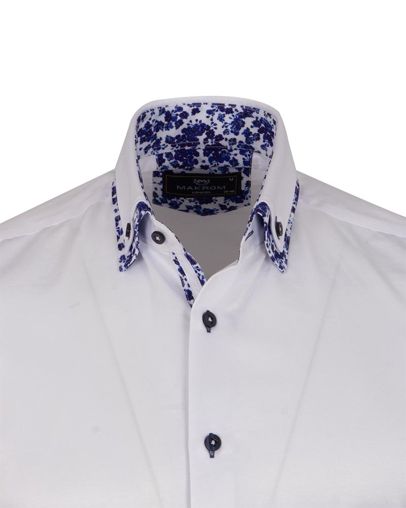 White Floral Double Collar Men's Shirt-Makrom