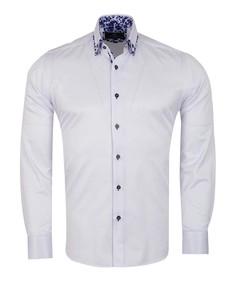 White Floral Double Collar Men's Shirt-Makrom