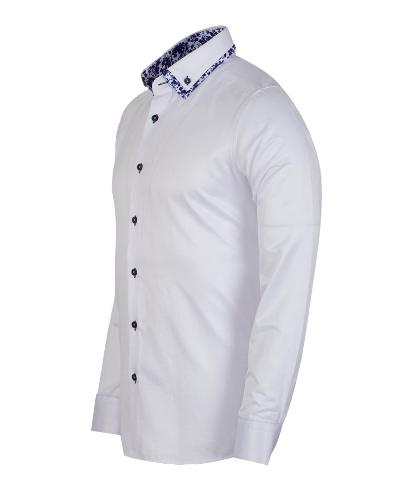 White Floral Double Collar Men's Shirt-Makrom