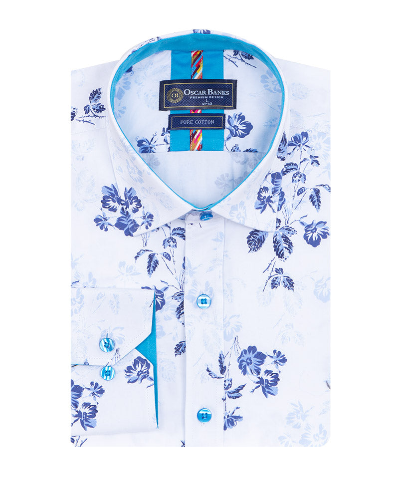 White Flower Print Shirt with Matching Handkerchief-Makrom
