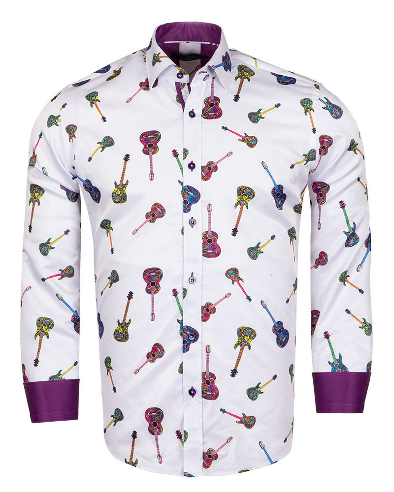 White Guitar Print Men's Shirt-Makrom