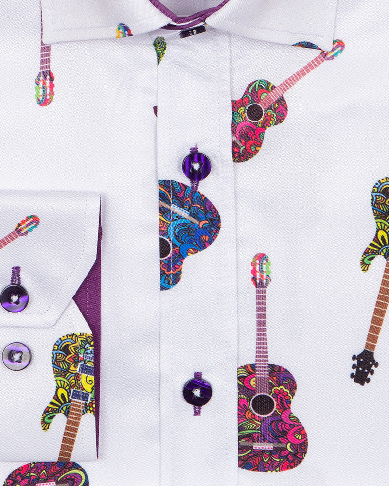 White Guitar Print Men's Shirt-Makrom