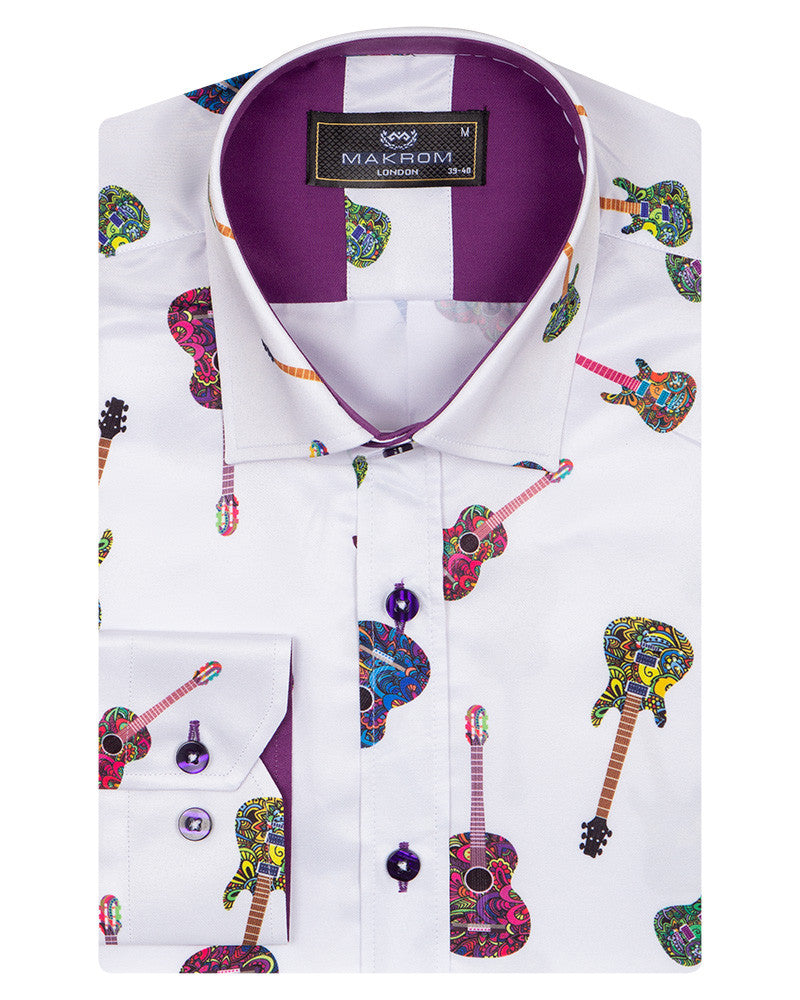 White Guitar Print Men's Shirt-Makrom