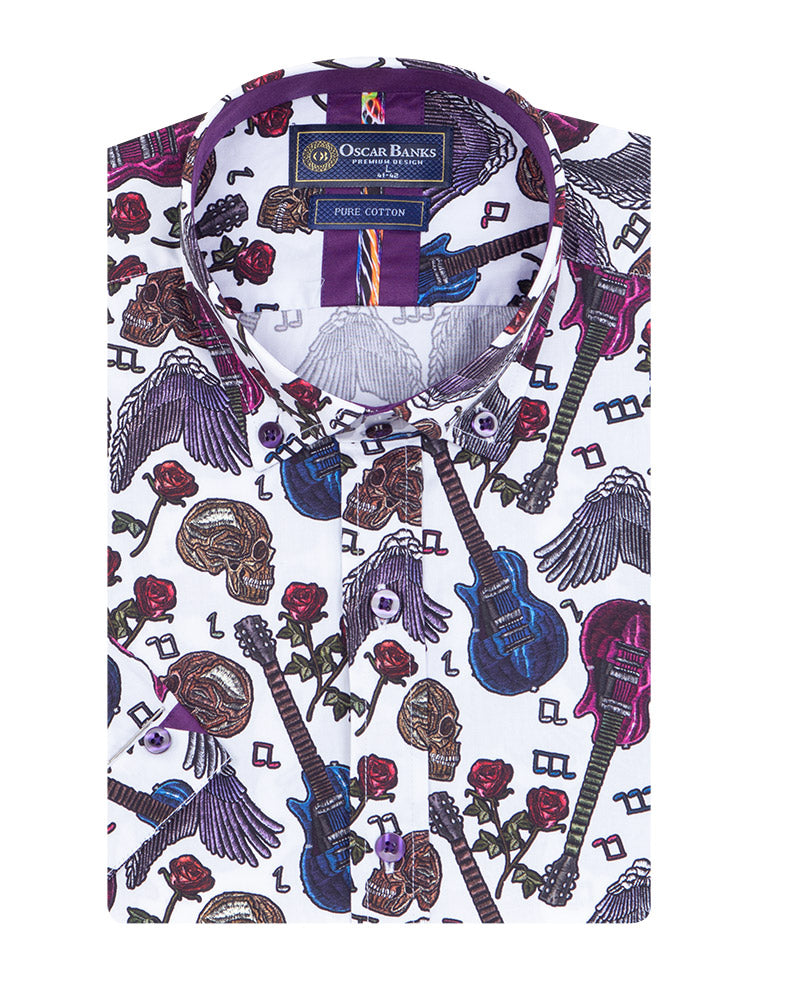 White Guitar and Skull Print Short Sleeve Shirt-Makrom