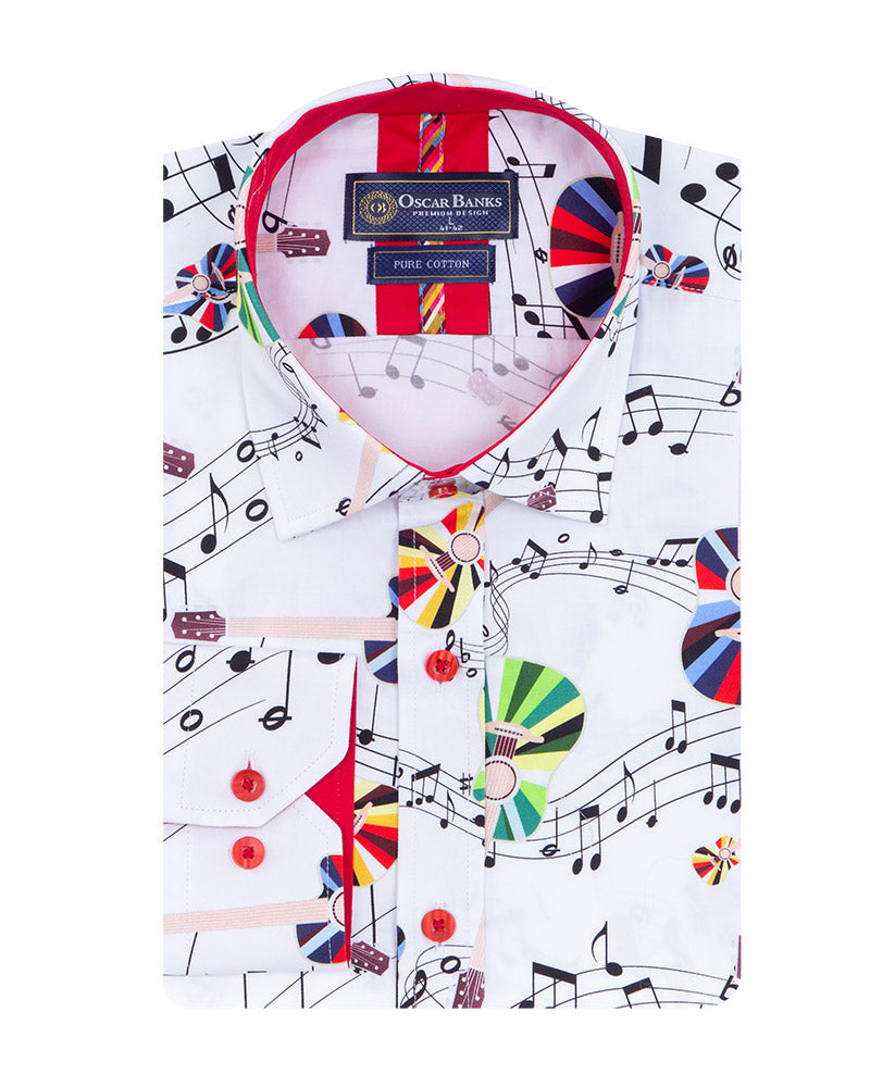 White Musical Print Shirt with Matching Handkerchief-Makrom