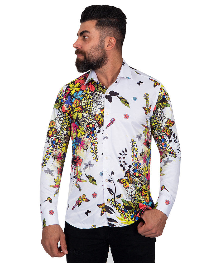 White Neon Floral Garden Print Shirt-Makrom