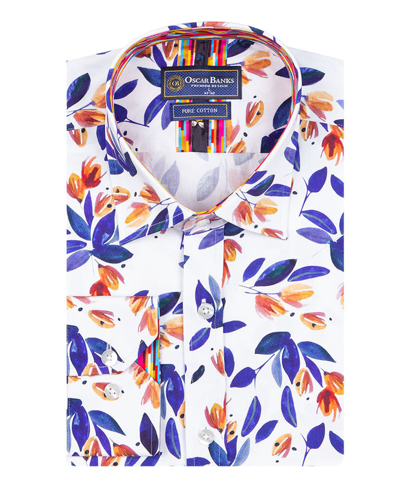 White Olive Leaf Print with Matching Handkerchief-Makrom