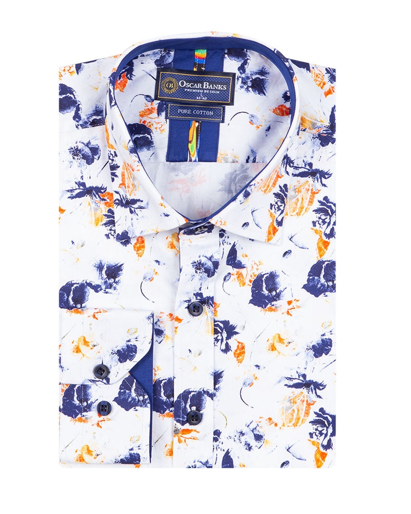 White Poppies Print Shirt with Matching Handkerchief-Makrom
