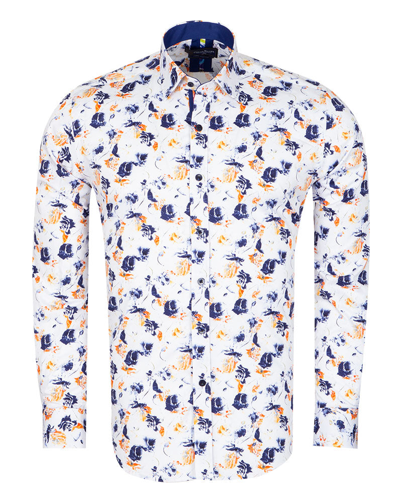 White Poppies Print Shirt with Matching Handkerchief-Makrom