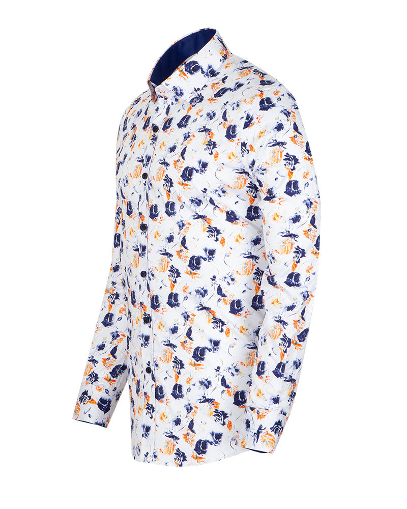 White Poppies Print Shirt with Matching Handkerchief-Makrom