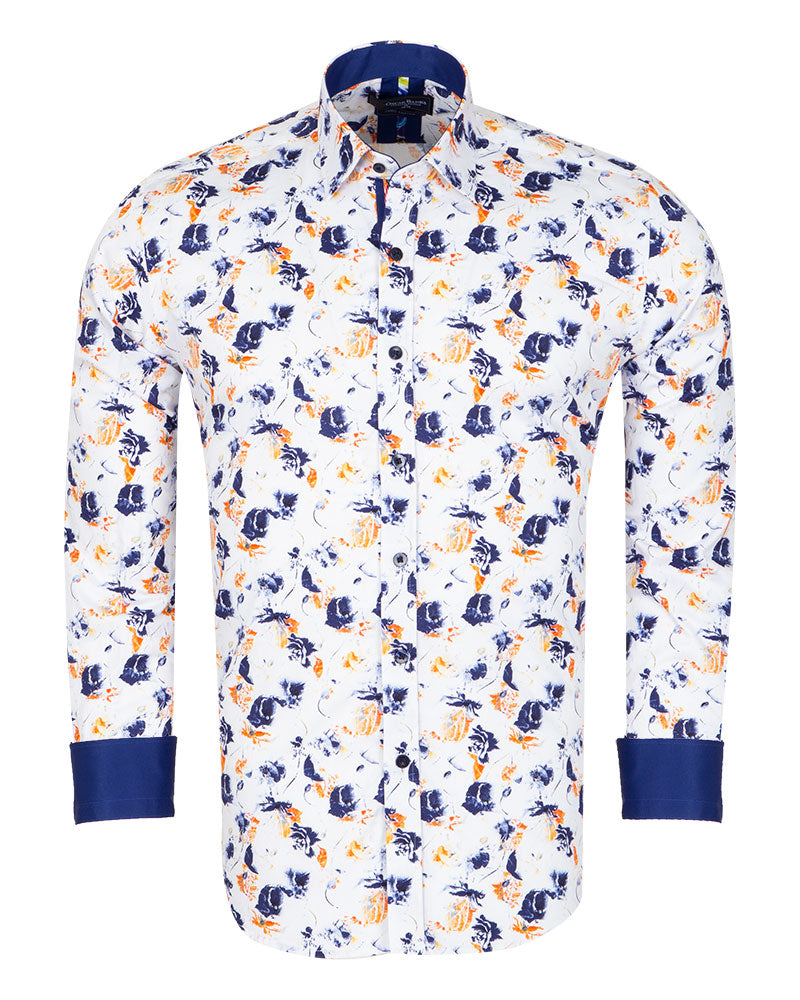 White Poppies Print Shirt with Matching Handkerchief-Makrom