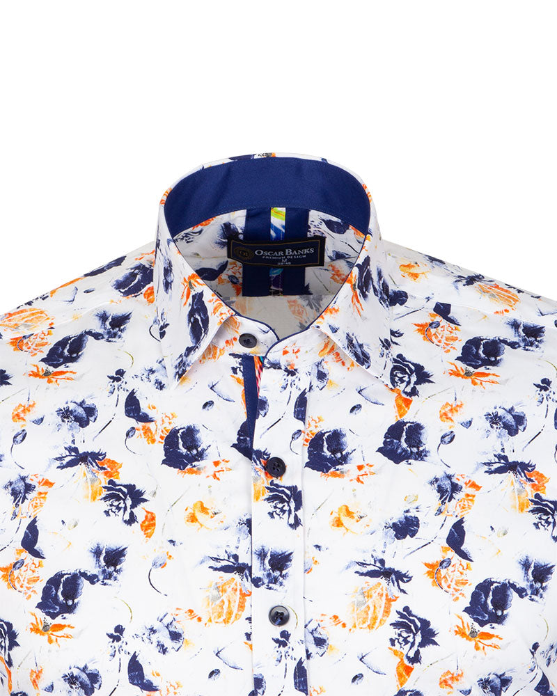 White Poppies Print Shirt with Matching Handkerchief-Makrom