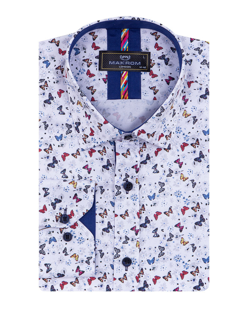 White Small Butterfly Print Men's Shirt-Makrom