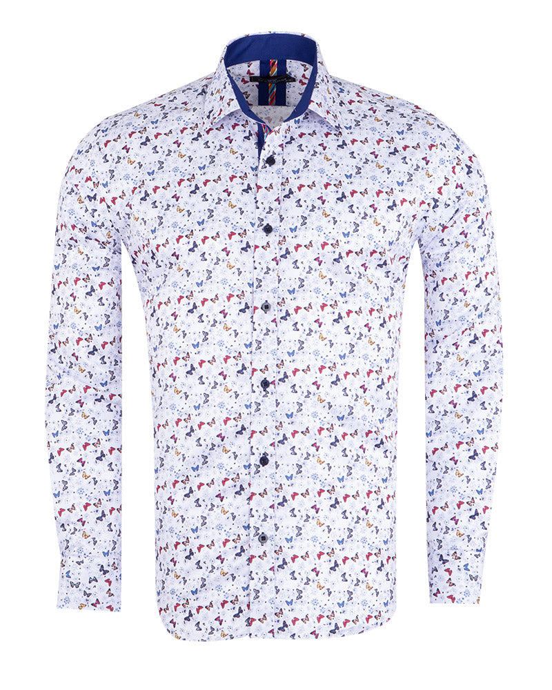 White Small Butterfly Print Men's Shirt-Makrom